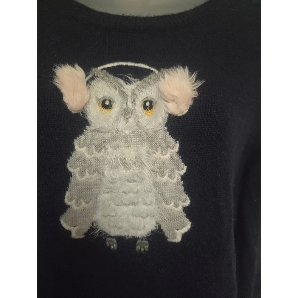 Kate Spade Broome Street Navy Blue Owl Earmuffs Sweater Womens Medium